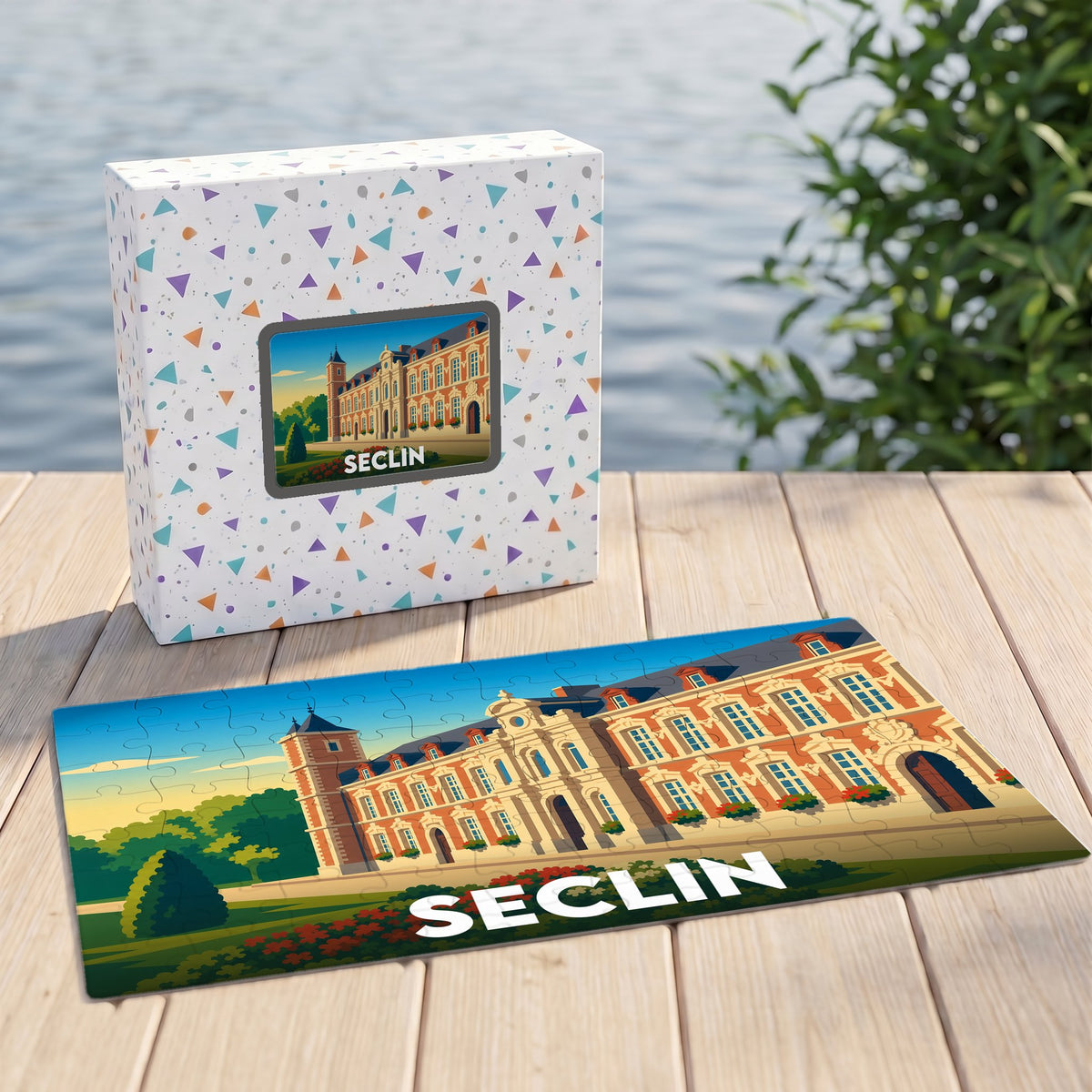 Puzzle souvenir de la ville de Seclin avec une illustration stylisée d'un bâtiment historique.