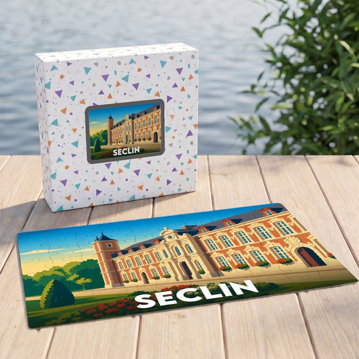 Puzzle souvenir de la ville de Seclin avec une illustration stylisée d'un bâtiment historique.