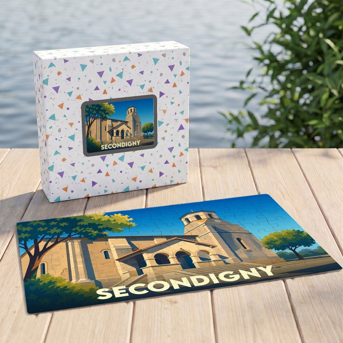 Puzzle souvenir de la ville de Secondigny avec une illustration stylisée d'un bâtiment historique.