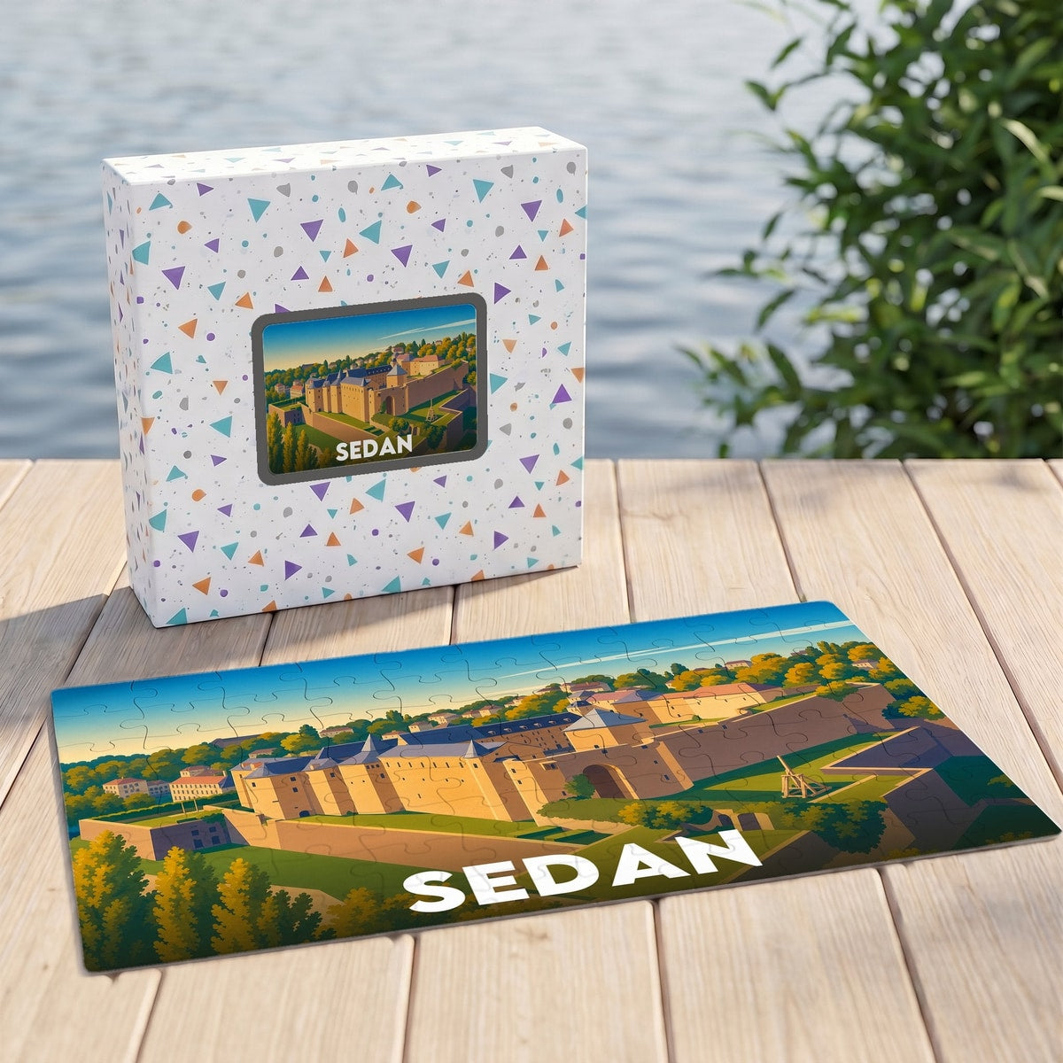 Puzzle souvenir de la ville de Sedan avec une illustration stylisée de son château fort.