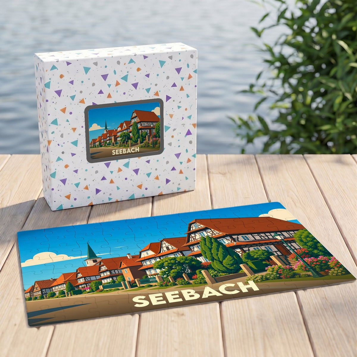 Puzzle souvenir de la ville de Seebach accompagné de sa boîte, illustré par un paysage urbain stylisé.