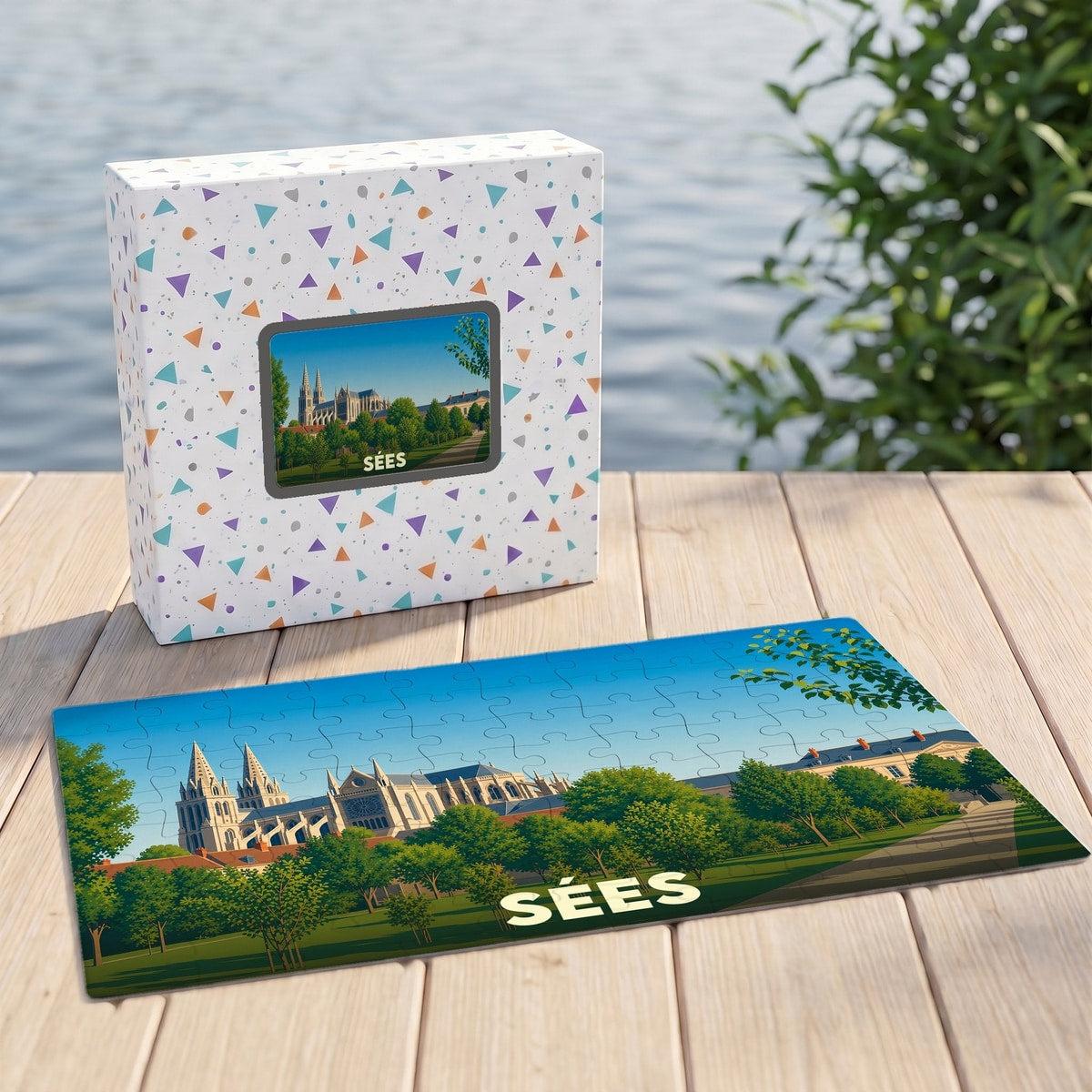 Puzzle souvenir de la ville de Sées avec une illustration stylisée de sa cathédrale et de ses jardins.