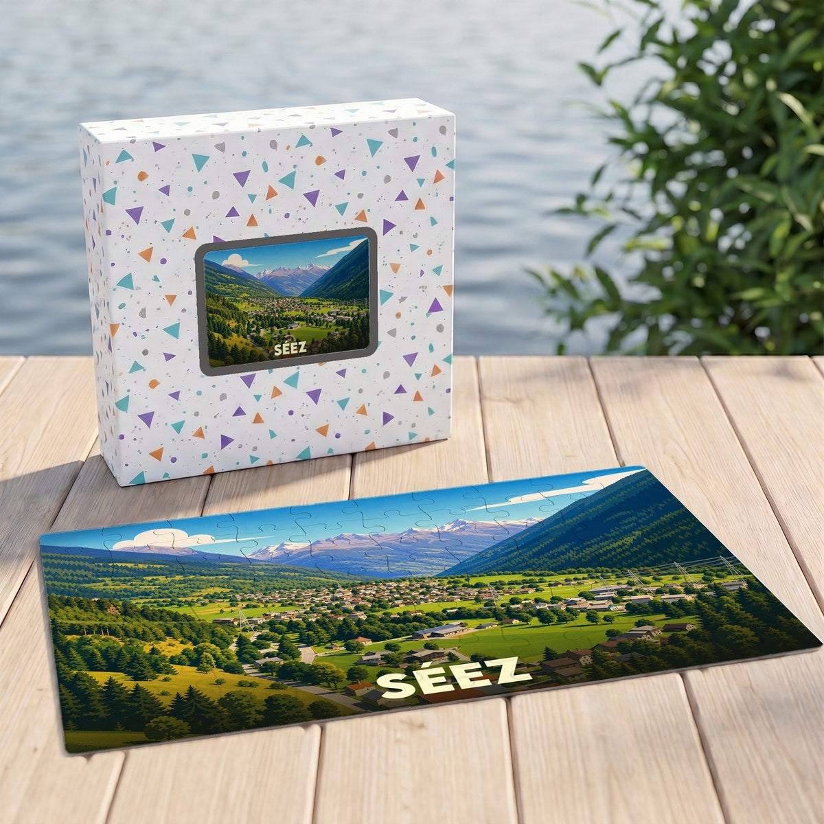 Puzzle souvenir de la ville de Séez avec une illustration stylisée de ses paysages montagneux.