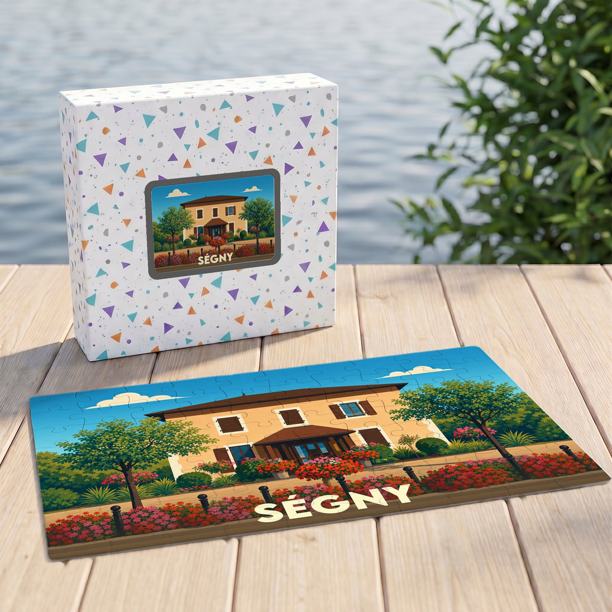 Puzzle souvenir de la ville de Ségny avec une illustration stylisée d'une maison fleurie.