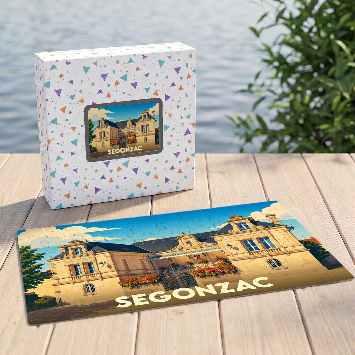 Puzzle souvenir de la ville de Segonzac avec une illustration stylisée d'un bâtiment historique.
