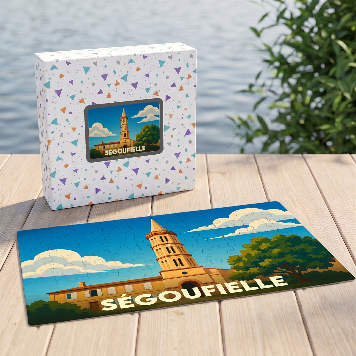 Puzzle souvenir de la ville de Ségoufielle avec une illustration stylisée.