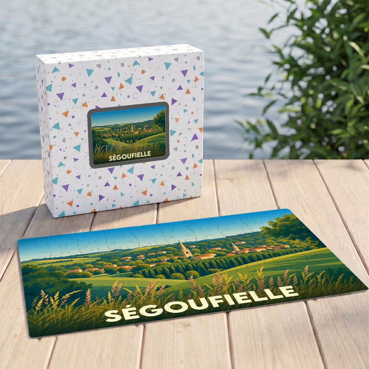 Puzzle souvenir de la ville de Ségoufielle présentant une illustration stylisée de son paysage rural.