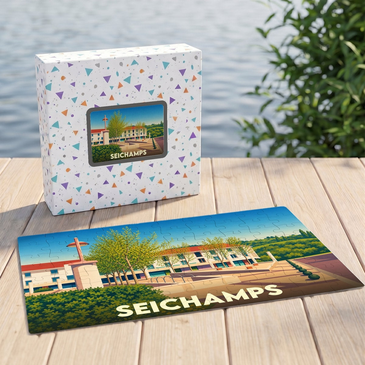 Puzzle souvenir de la ville de Seichamps avec une illustration stylisée et colorée.