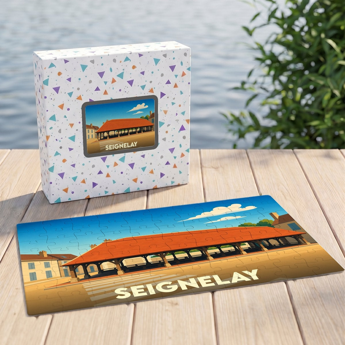 Puzzle souvenir de la ville de Seignelay avec une illustration stylisée d'une halle couverte.