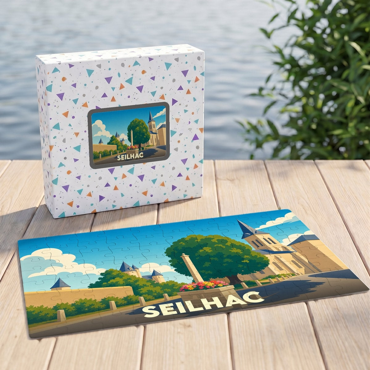 Puzzle souvenir de la ville de Seilhac avec une illustration stylisée.