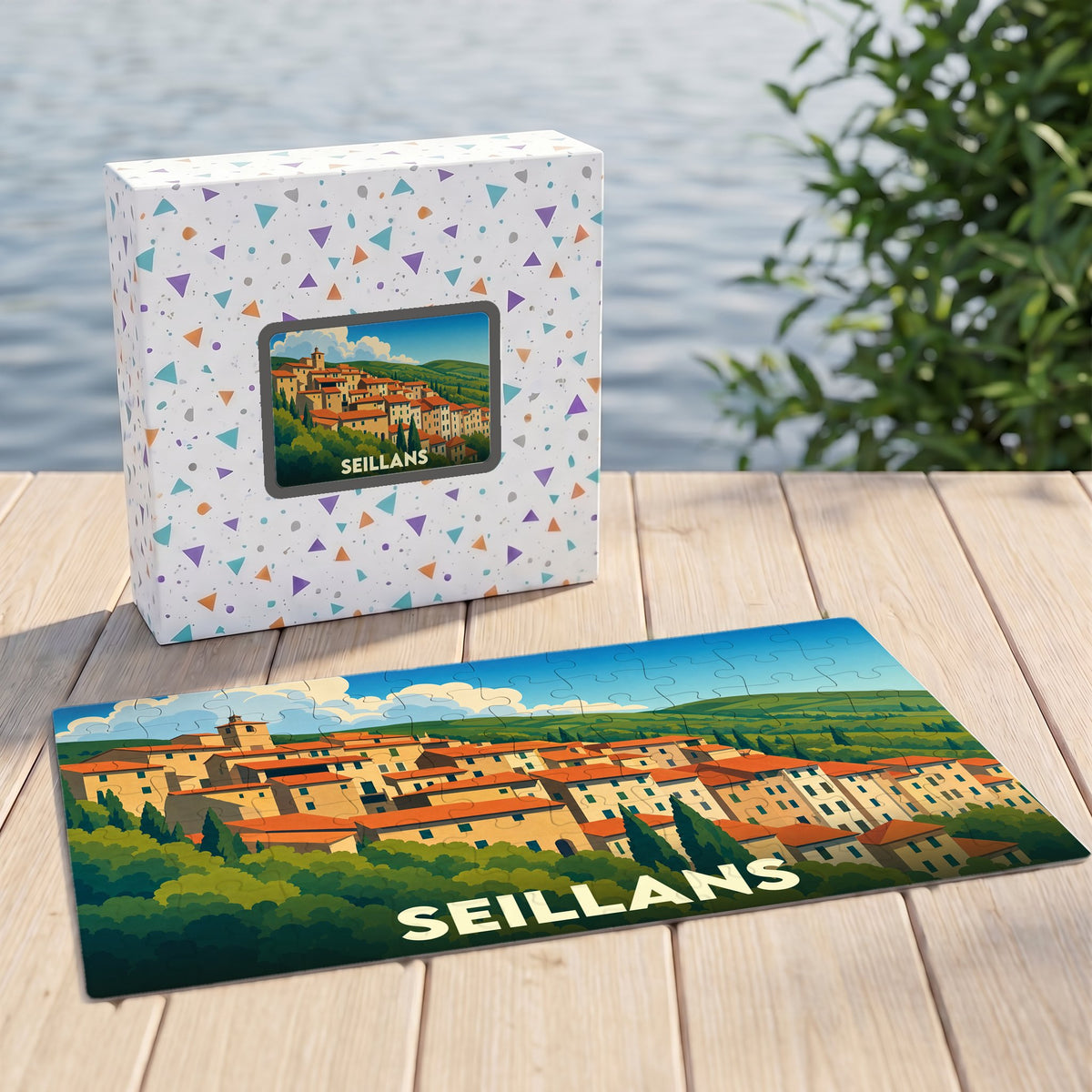 Puzzle souvenir de la ville de Seillans représentant une vue panoramique illustrée du village.