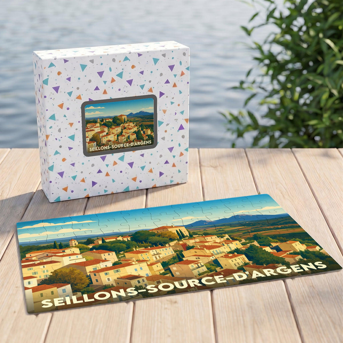 Puzzle souvenir de la ville de Seillons-Source-d'Argens avec une illustration stylisée et colorée.