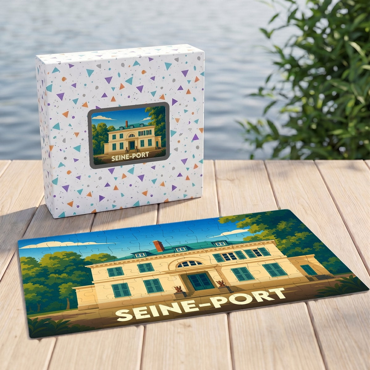 Puzzle souvenir de la ville de Seine-Port représentant une grande demeure bourgeoise avec son coffret assorti.