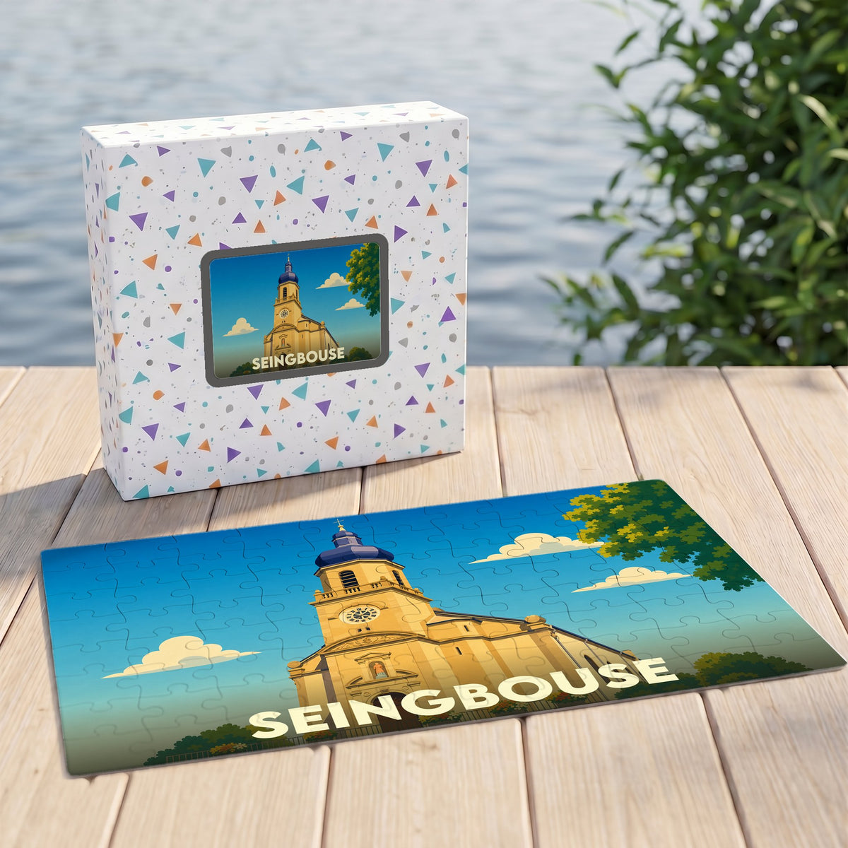 Puzzle souvenir de la ville de Seingbouse avec une illustration stylisée de son église.