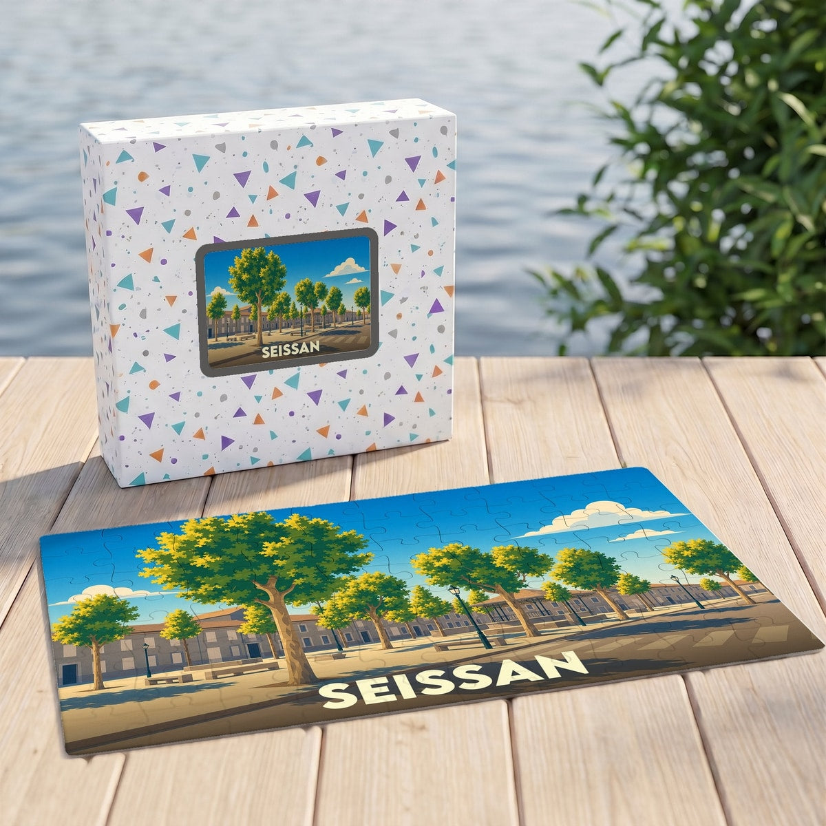 Puzzle souvenir de la ville de Seissan illustré par une place arborée stylisée, présenté avec sa boîte assortie sur un ponton en bois.