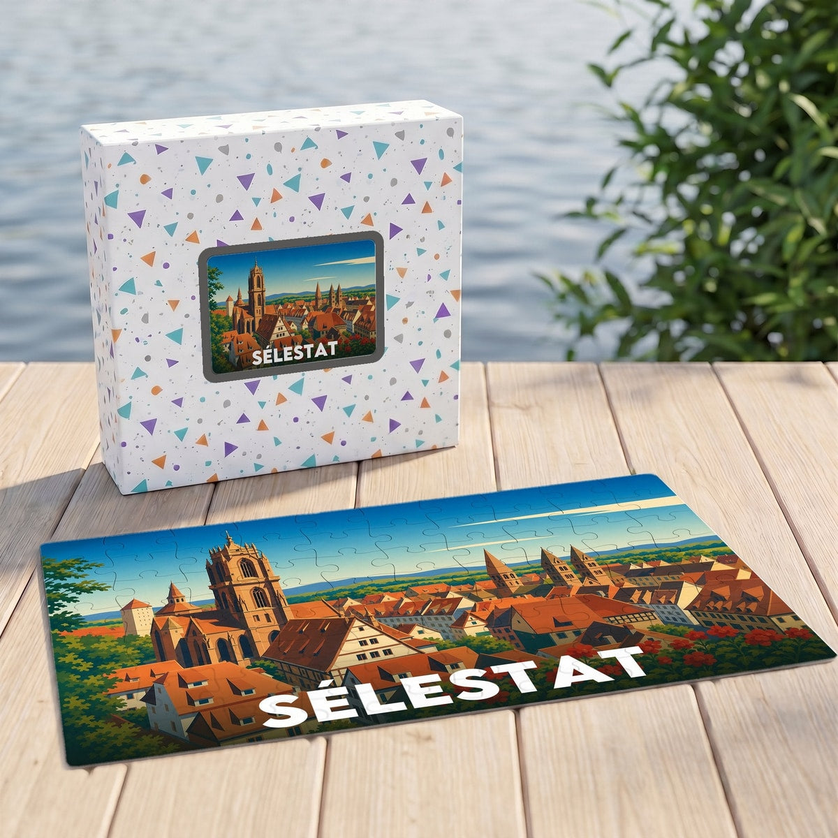 Puzzle souvenir de la ville de Sélestat avec une illustration stylisée de ses toits et de son église.