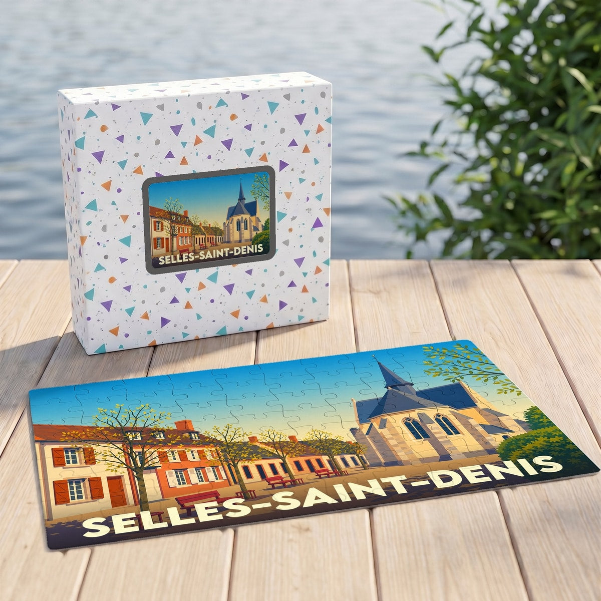 Puzzle souvenir de la ville de Selles-Saint-Denis avec une illustration stylisée et colorée.