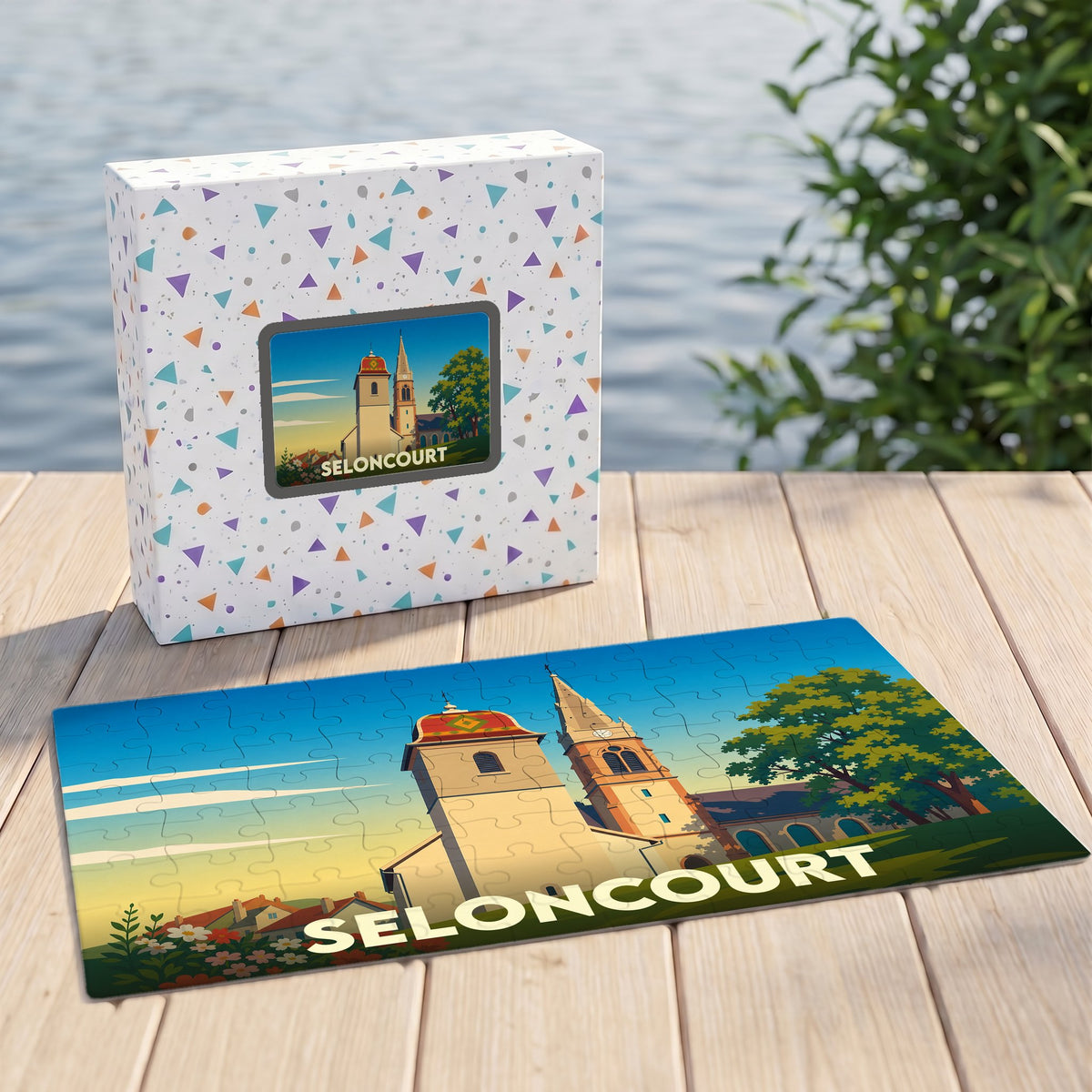 Puzzle souvenir de la ville de Seloncourt avec une illustration stylisée de ses clochers.