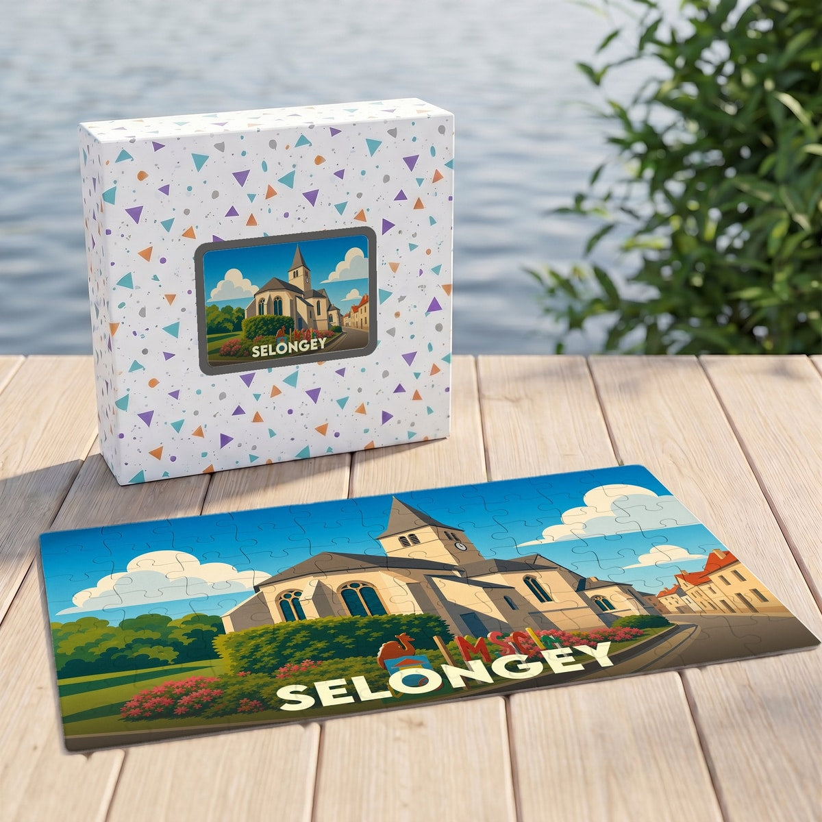 Puzzle souvenir de la ville de Selongey avec une illustration stylisée de son église et de son paysage urbain.