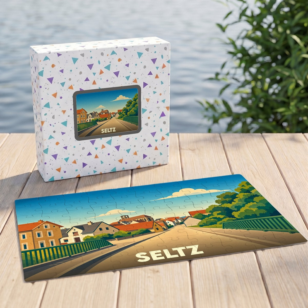 Puzzle souvenir de la ville de Seltz avec une illustration stylisée d'un paysage urbain.