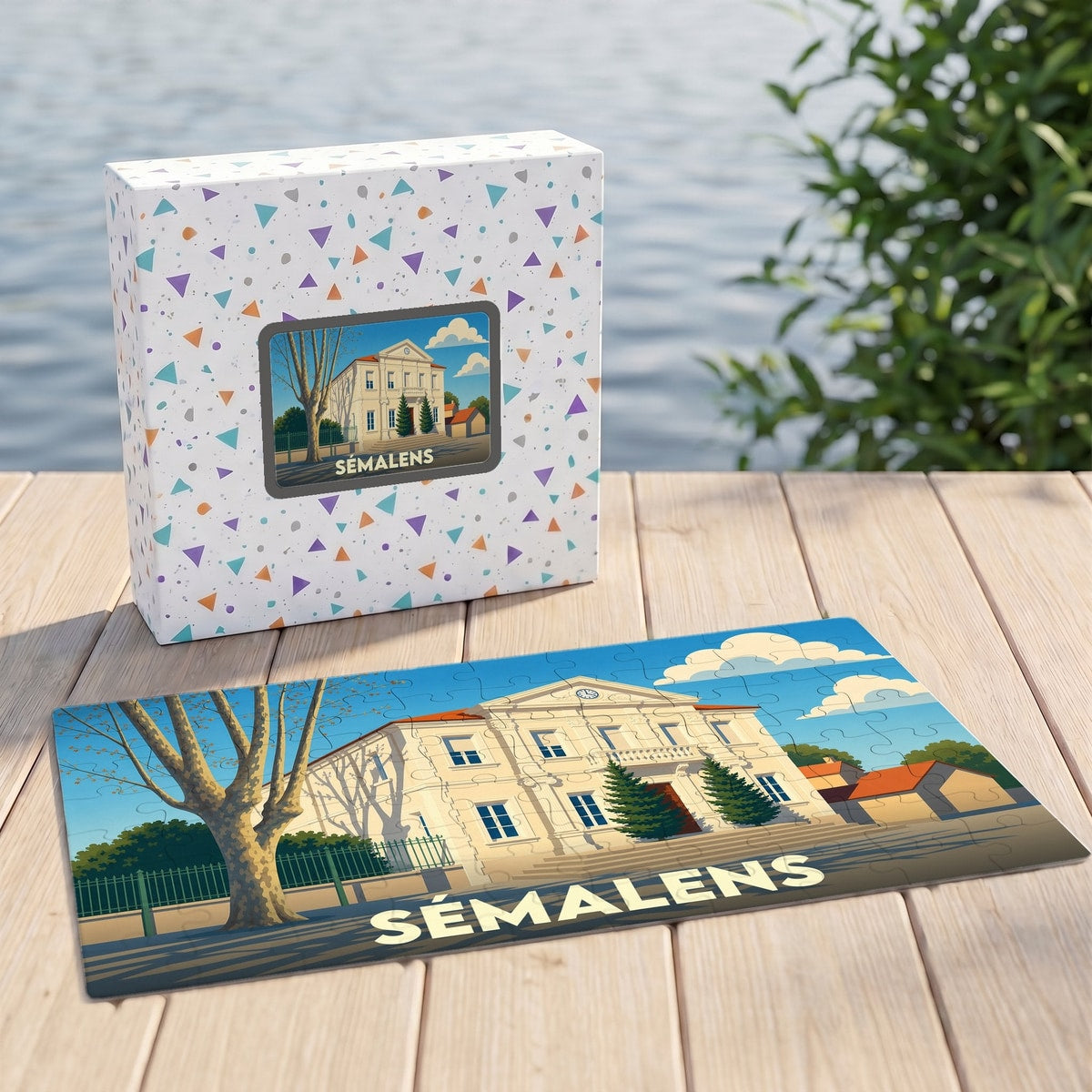 Puzzle souvenir de la ville de Sémalens avec une illustration stylisée et colorée de son hôtel de ville.