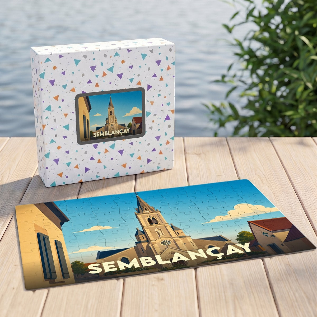 Puzzle souvenir de la ville de Semblançay avec une illustration stylisée de son église.