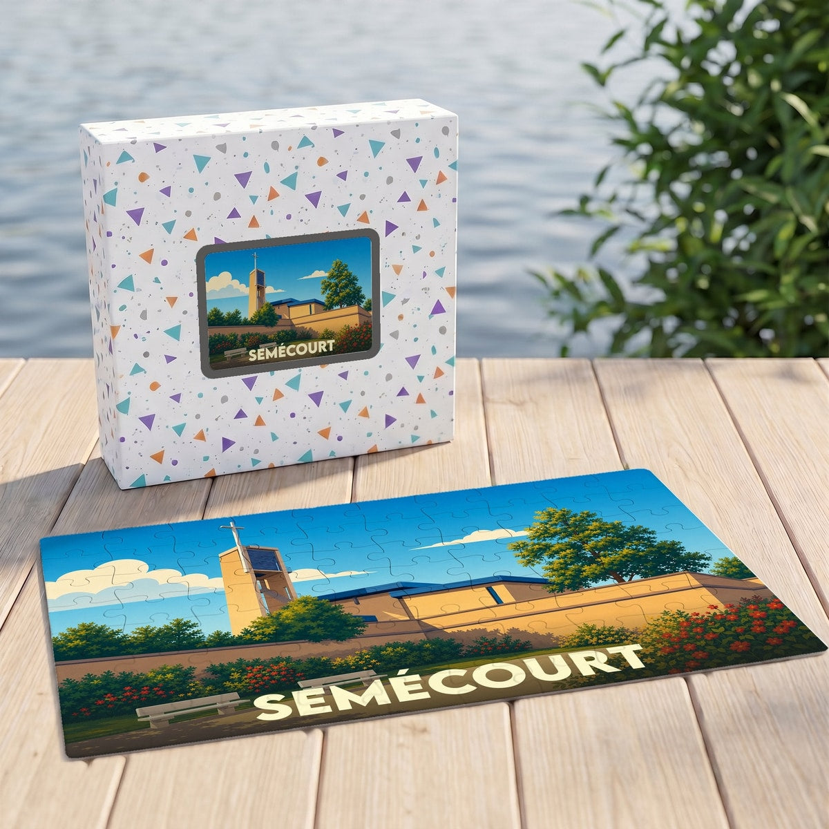 Puzzle souvenir de la ville de Semécourt avec une illustration stylisée et colorée.