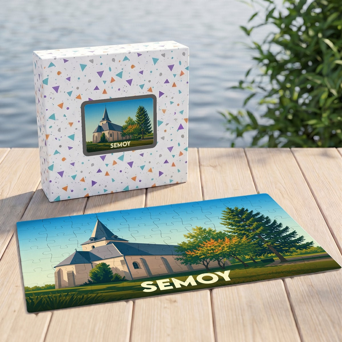Puzzle souvenir de la ville de Semoy avec une illustration stylisée de son église et de son paysage.