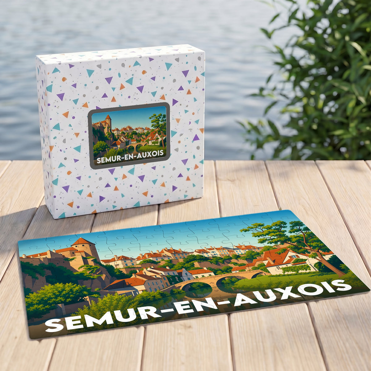 Puzzle souvenir de la ville de Semur-en-Auxois avec une illustration stylisée et colorée.