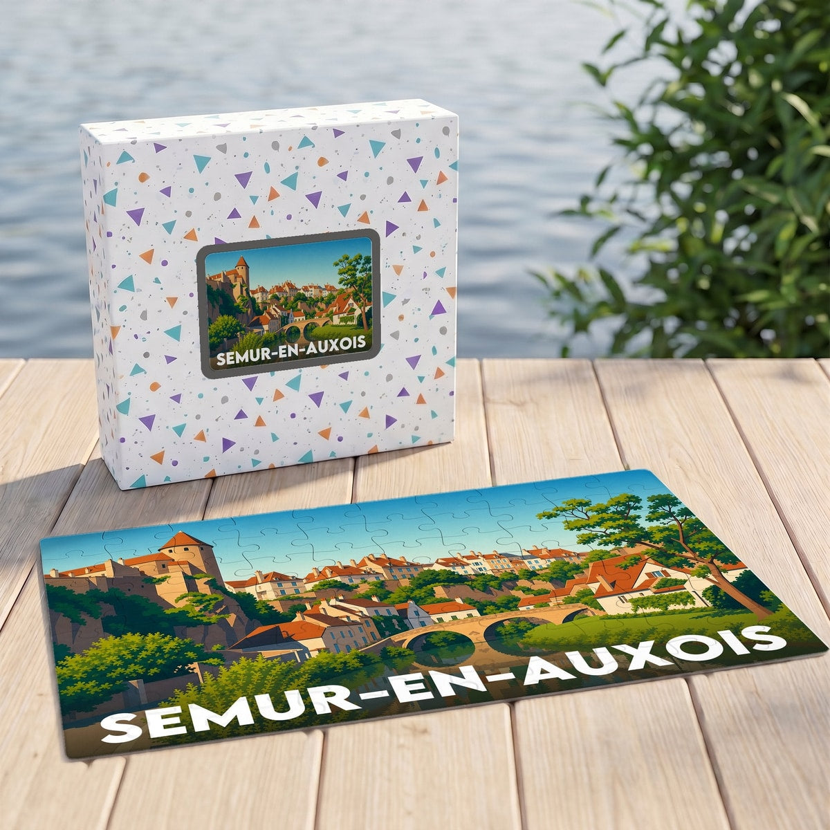 Puzzle souvenir de la ville de Semur-en-Auxois avec une illustration stylisée et colorée.