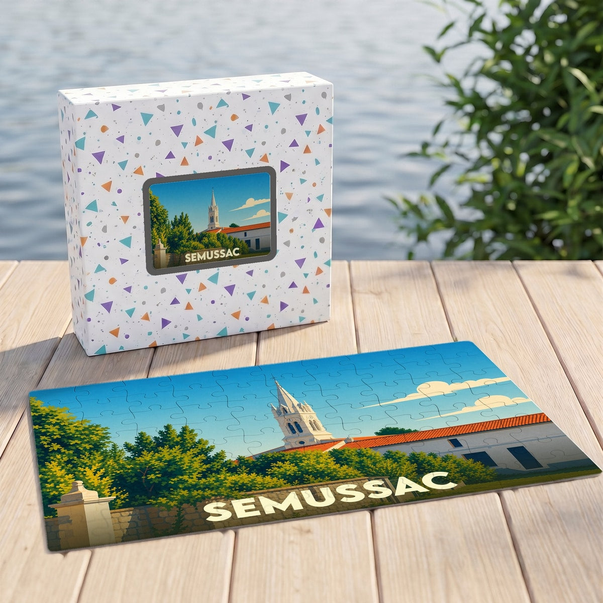 Puzzle souvenir de la ville de Semussac illustré d'un paysage stylisé et accompagné de sa boîte assortie.