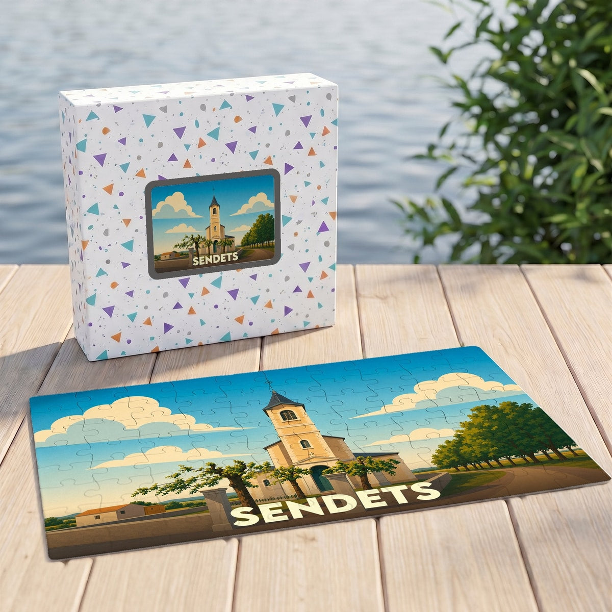Puzzle souvenir de la ville de Sendets avec une illustration stylisée.