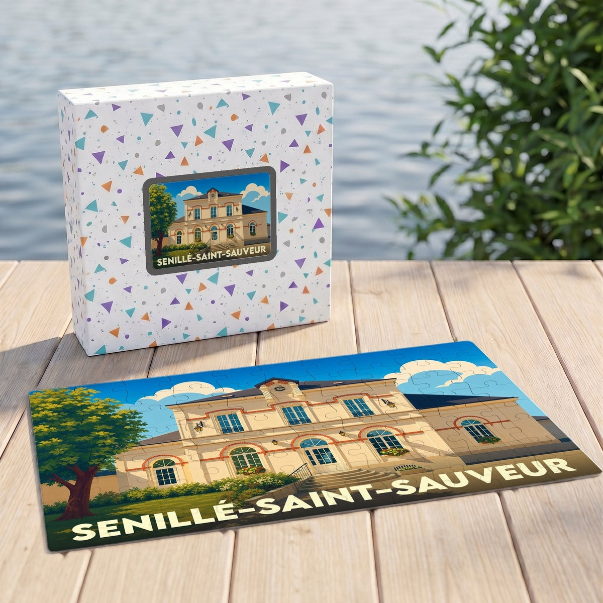 Puzzle souvenir de la commune de Senillé-Saint-Sauveur avec une illustration stylisée de sa mairie.