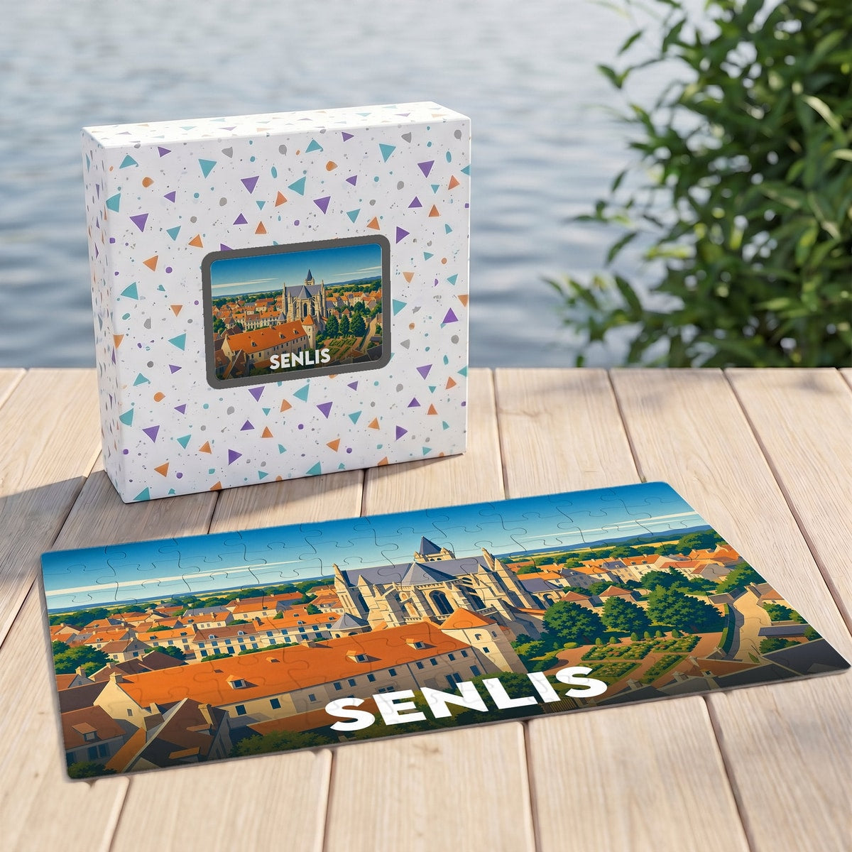 Puzzle souvenir de la ville de Senlis avec une illustration panoramique stylisée.