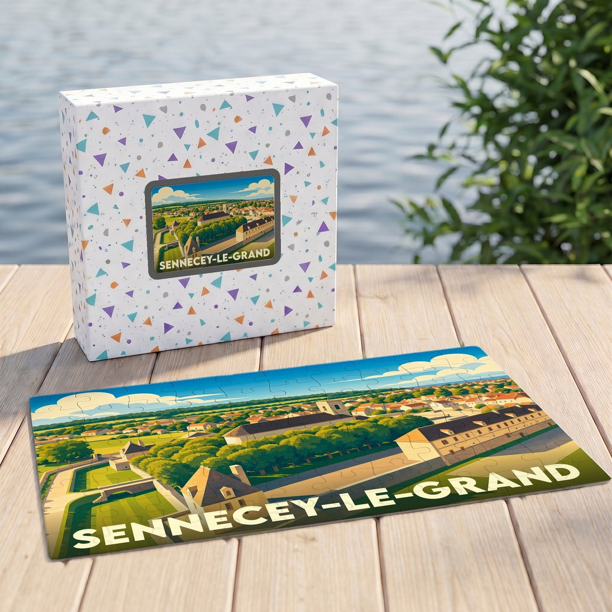 Puzzle souvenir de la ville de Sennecey-le-Grand avec une illustration stylisée et colorée.