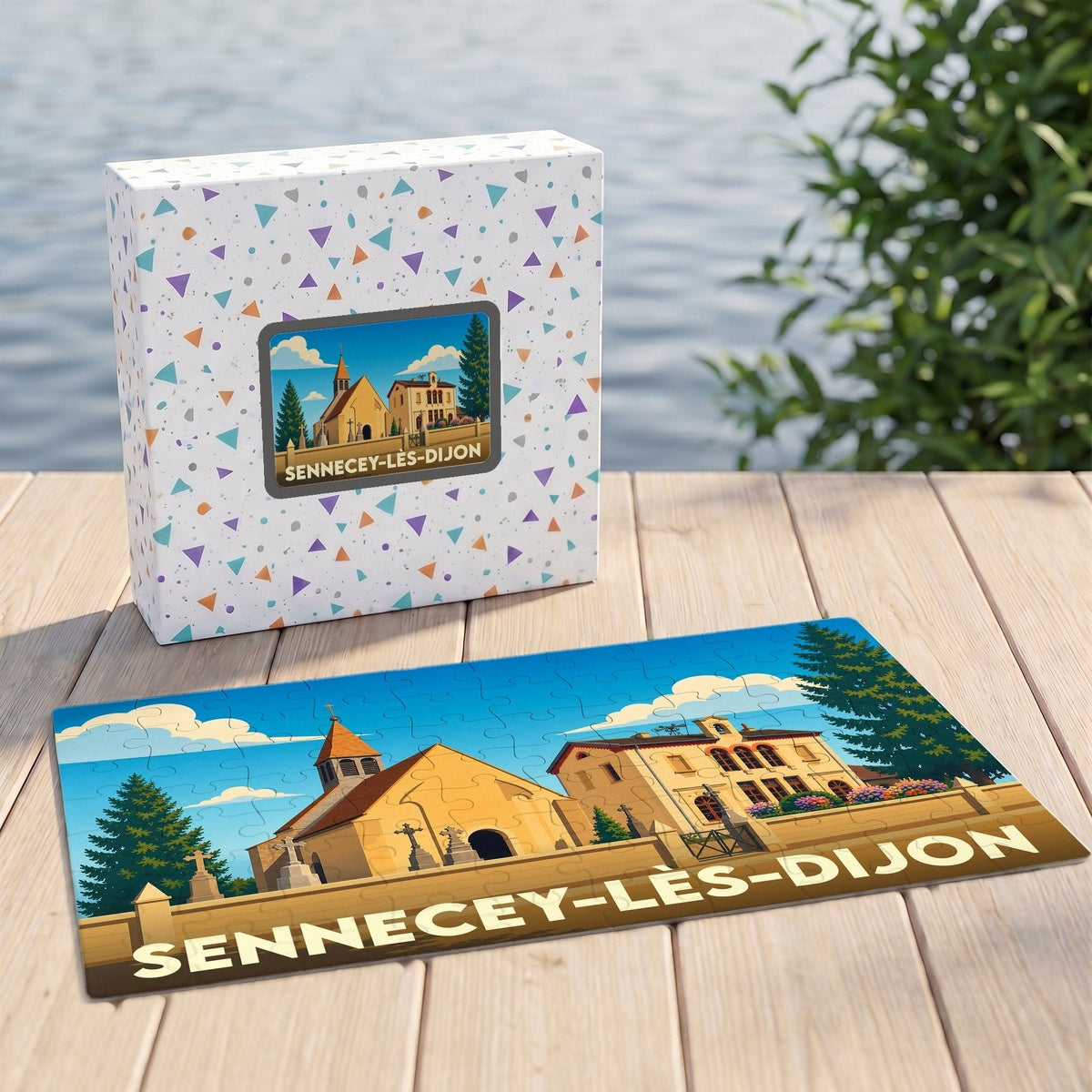 Puzzle souvenir de la ville de Sennecey-lès-Dijon avec une illustration stylisée de son église et de ses bâtiments.