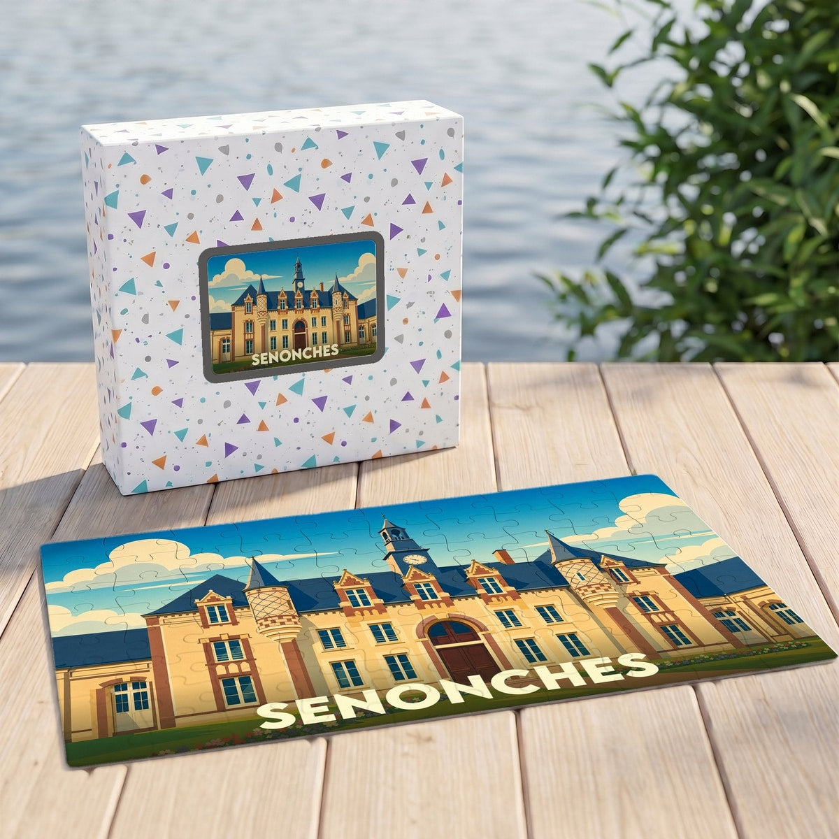 Puzzle souvenir de la ville de Senonches avec une illustration stylisée d'un château.