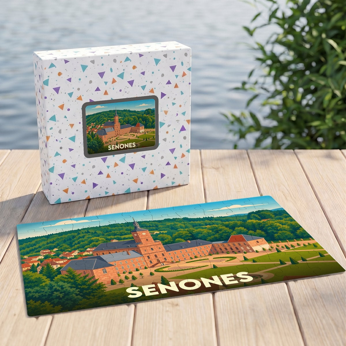Puzzle souvenir de la ville de Senones illustrant son abbaye dans un style graphique épuré.