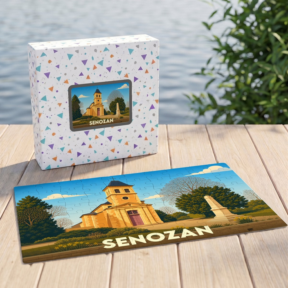 Puzzle souvenir de la ville de Senozan avec une illustration stylisée d'une église et son monument.
