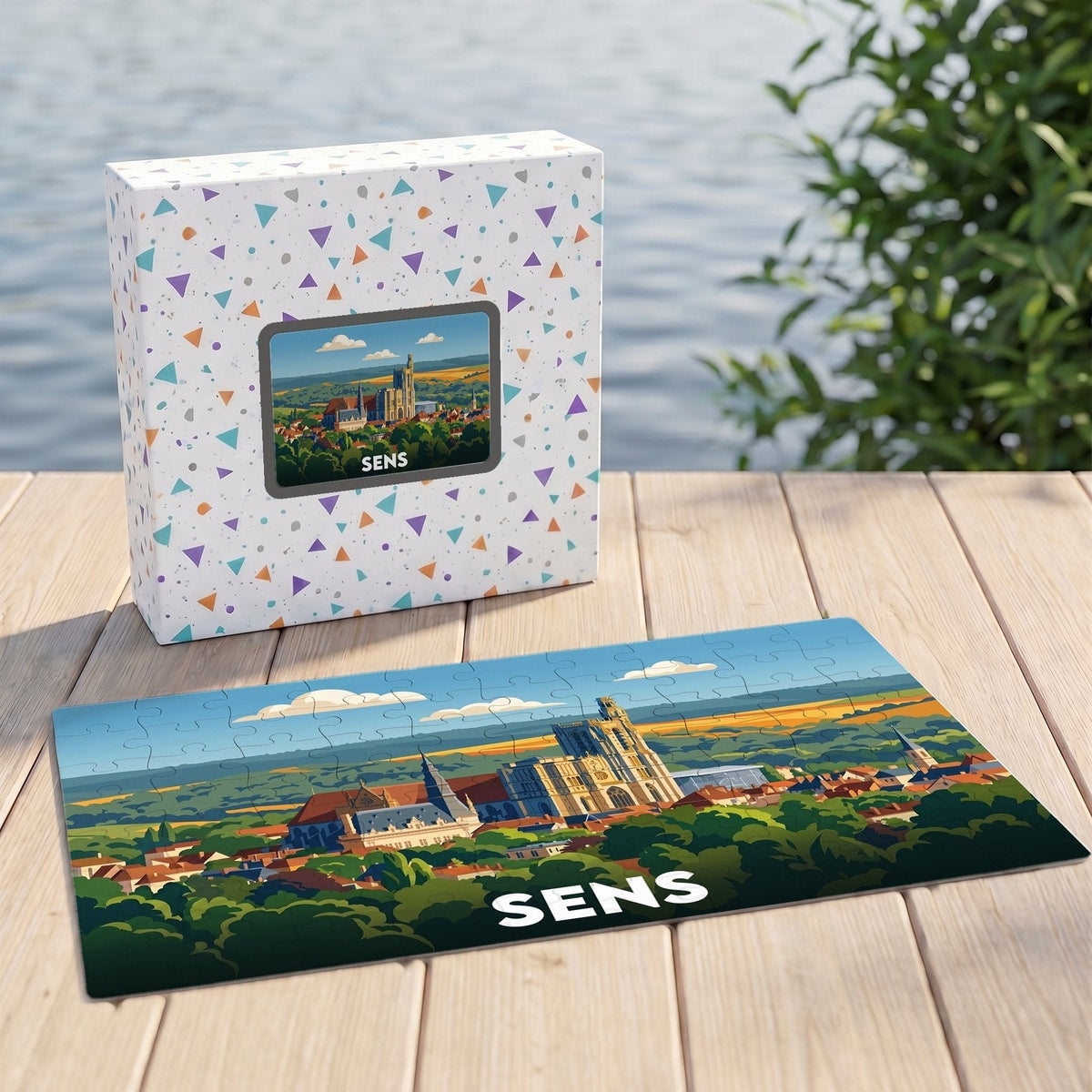 Puzzle souvenir de la ville de Sens avec une illustration stylisée représentant sa cathédrale et ses environs.