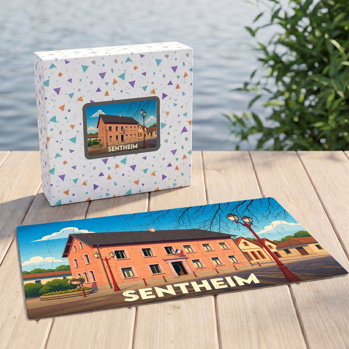 Puzzle souvenir de la ville de Sentheim avec une illustration stylisée d'un bâtiment emblématique.