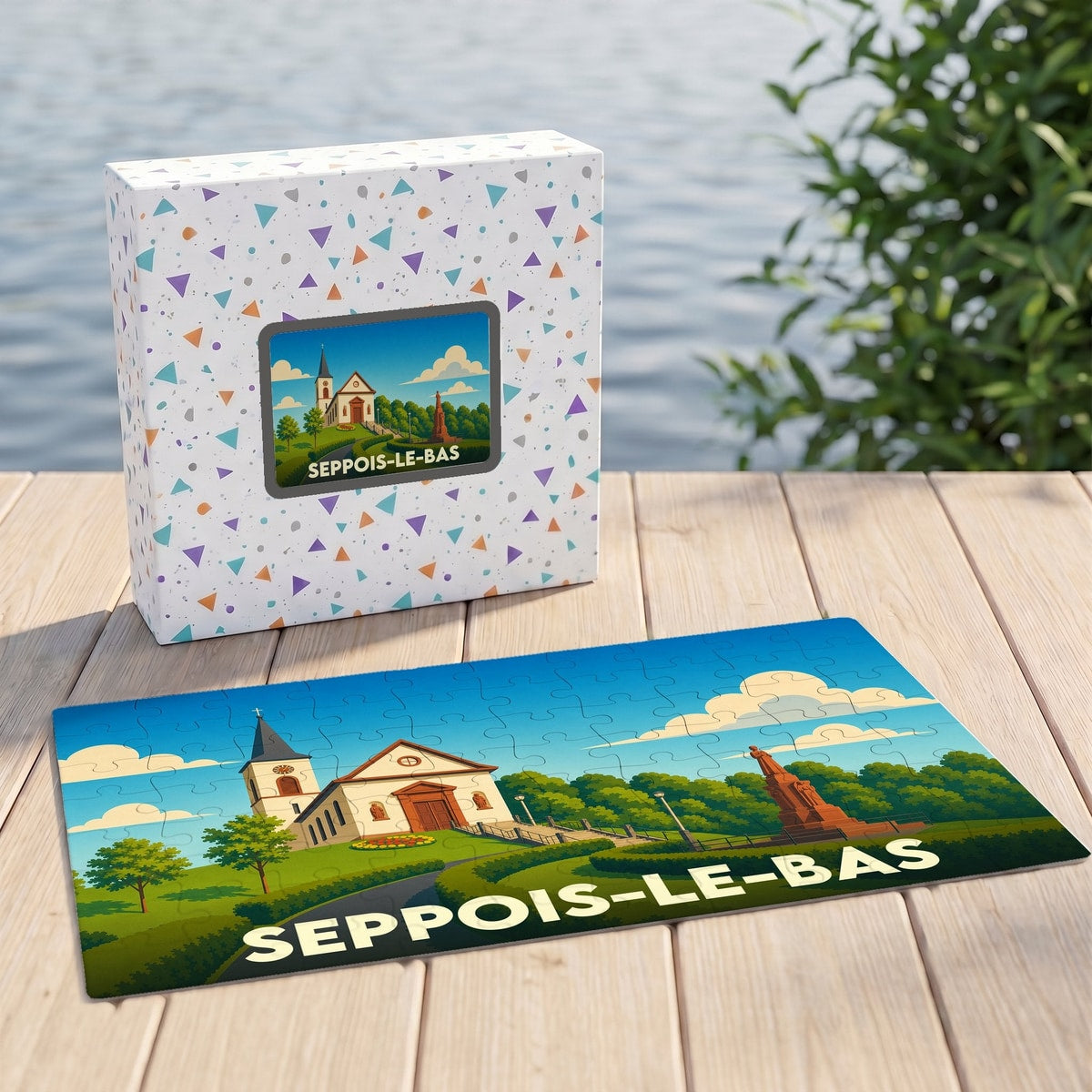 Puzzle souvenir de la ville de Seppois-le-Bas avec une illustration stylisée et colorée.