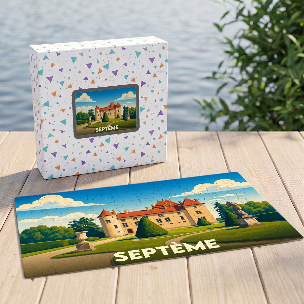 Puzzle souvenir de la ville de Septème avec une illustration stylisée du château local.