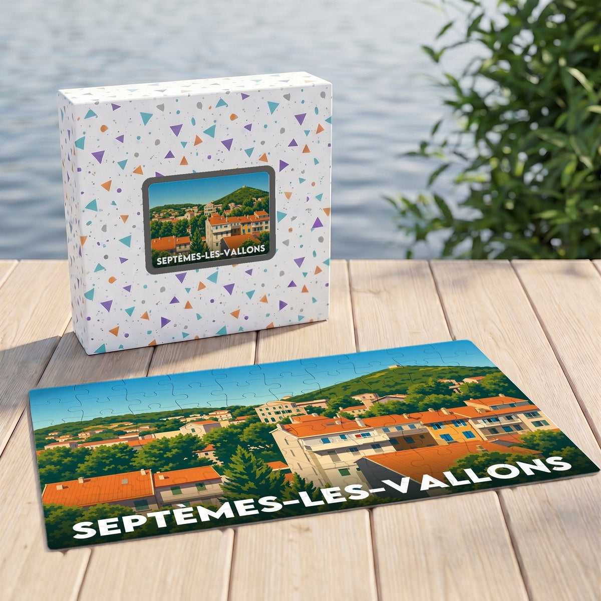 Puzzle souvenir de la ville de Septèmes-les-Vallons avec une illustration stylisée et colorée.
