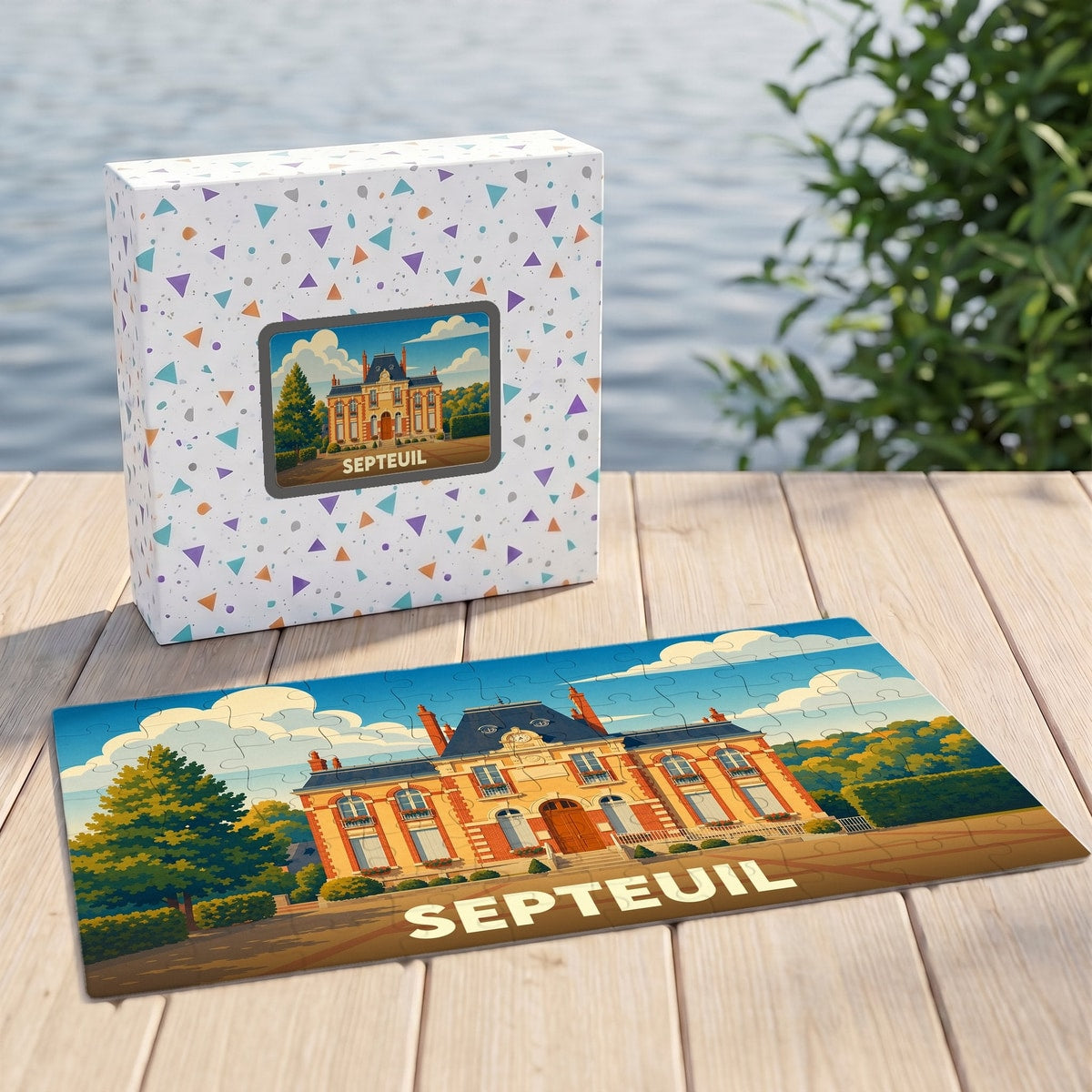 Puzzle souvenir de la ville de Septeuil avec une illustration stylisée d'un bâtiment historique.