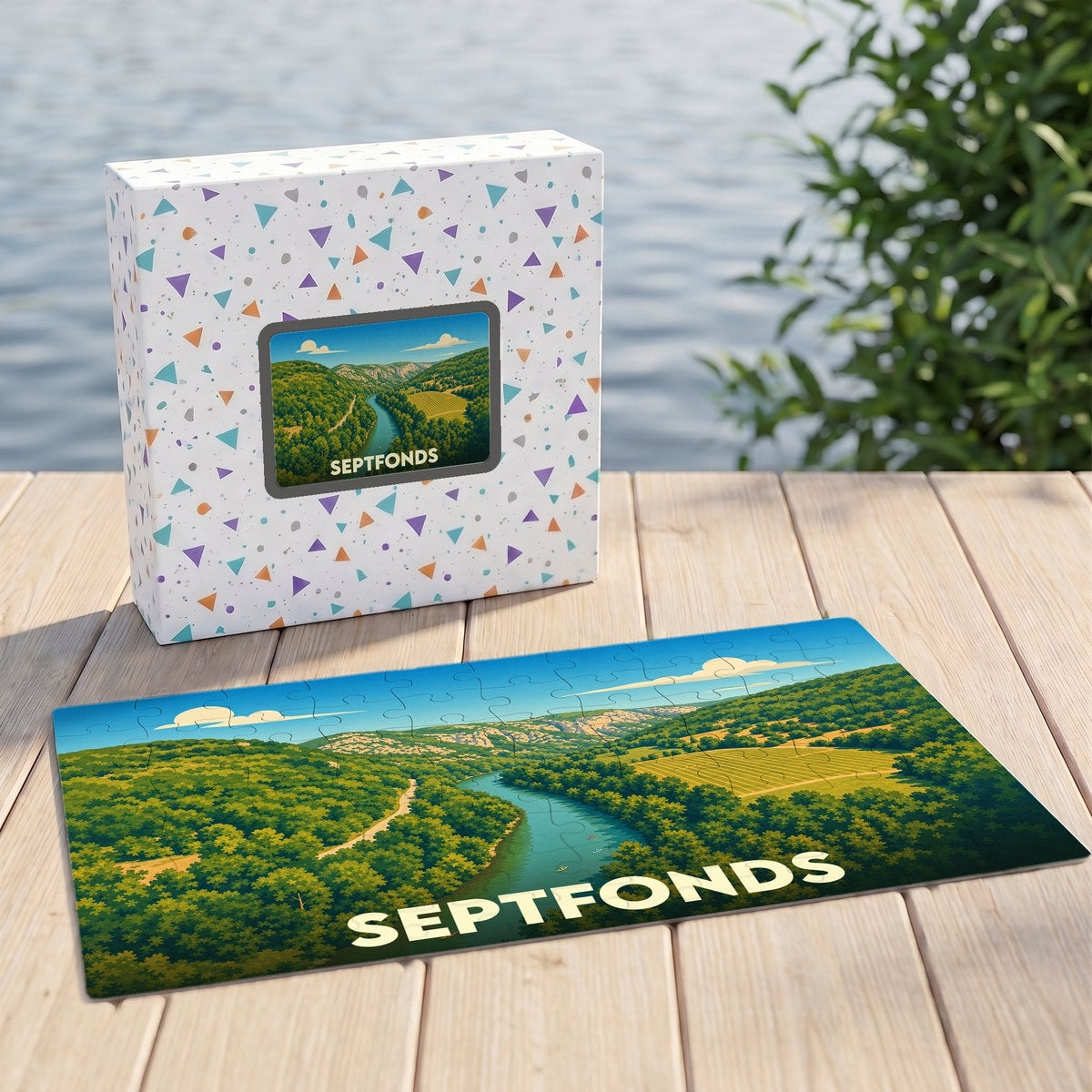 Puzzle souvenir de la ville de Septfonds représentant un paysage de vallée verdoyante avec une rivière.