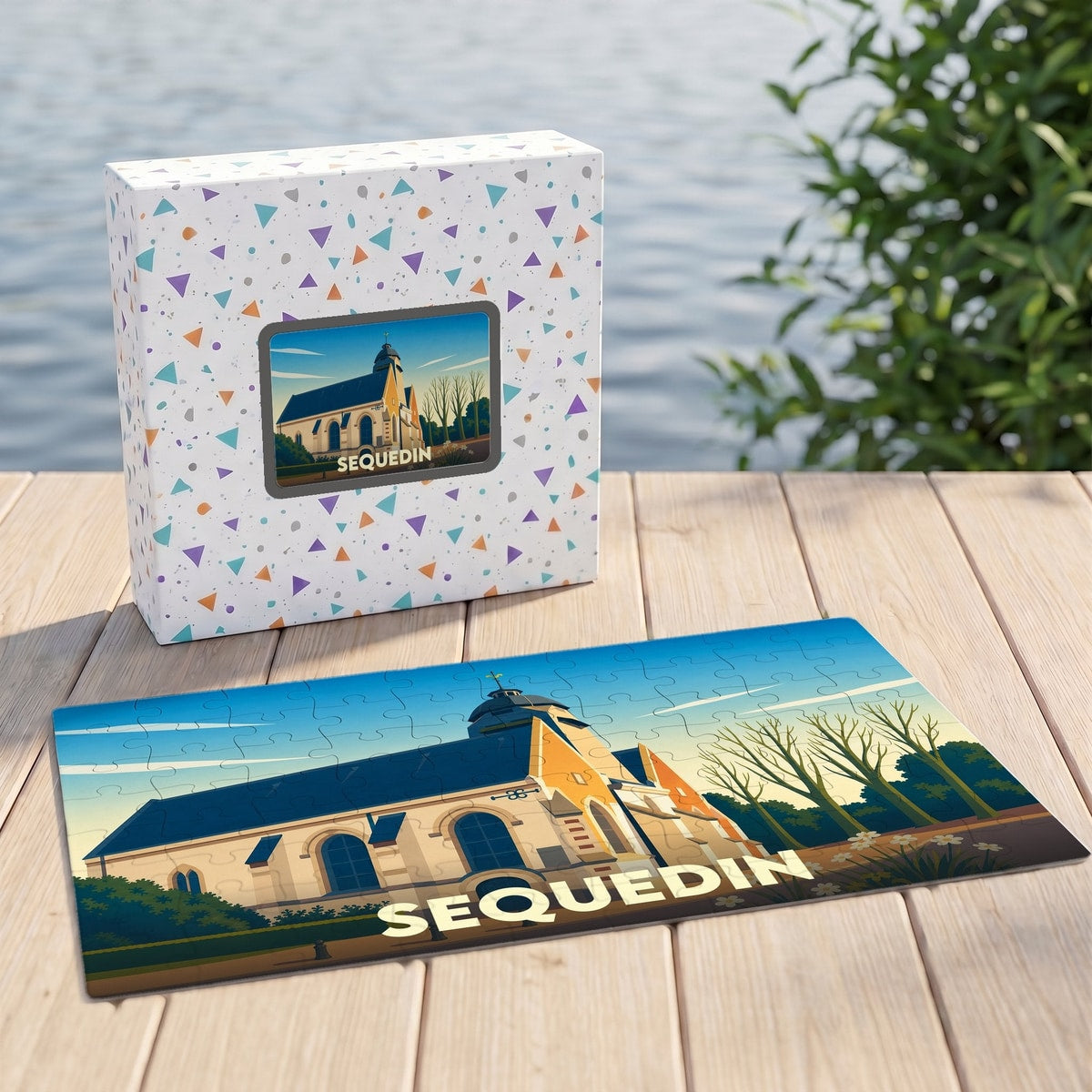 Puzzle souvenir de la ville de Sequedin avec une illustration stylisée de son église.
