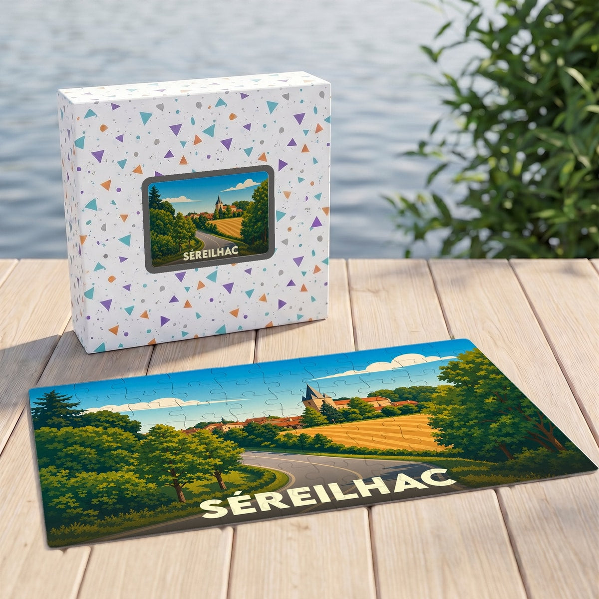 Puzzle souvenir de la ville de Séreilhac avec une illustration stylisée d'un paysage champêtre.