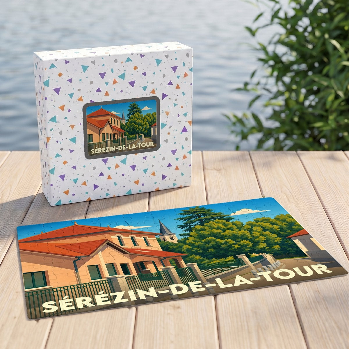Puzzle souvenir de la ville de Sérézin-de-la-Tour avec une illustration stylisée.