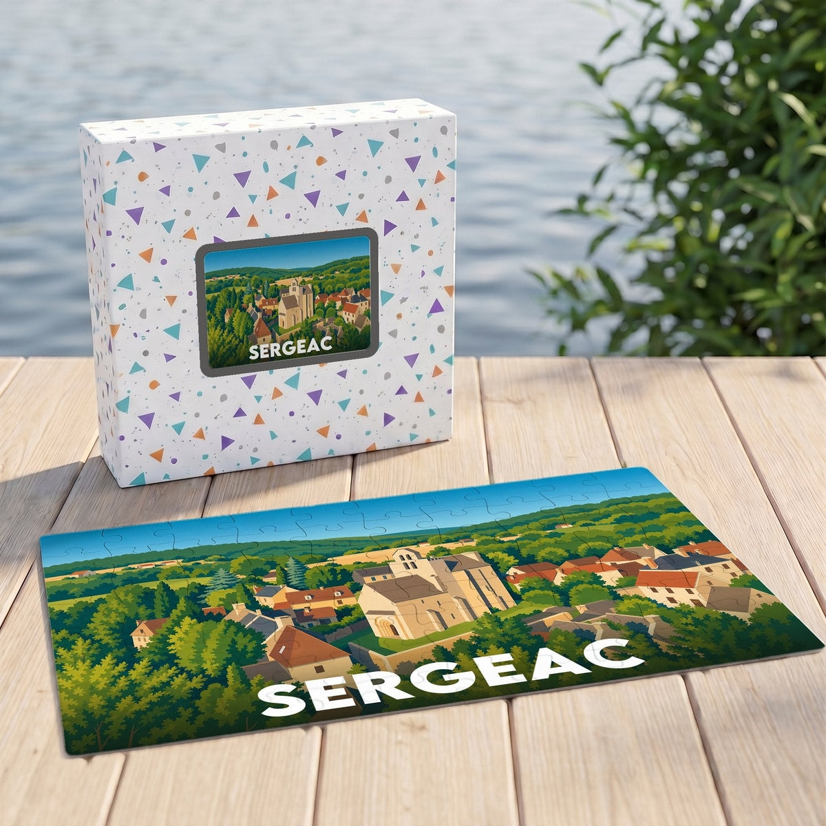 Puzzle souvenir de la ville de Sergeac avec une illustration stylisée et colorée.
